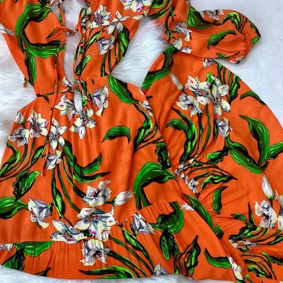 NWT Zara Orange Floral Tropical Maxi Dress Tiered Ruffle Cut Outs XS - Picture 8 of 11